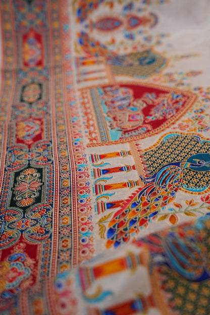 Kashmiri Pashmina Banarasi Story Telling Saree - Ivory