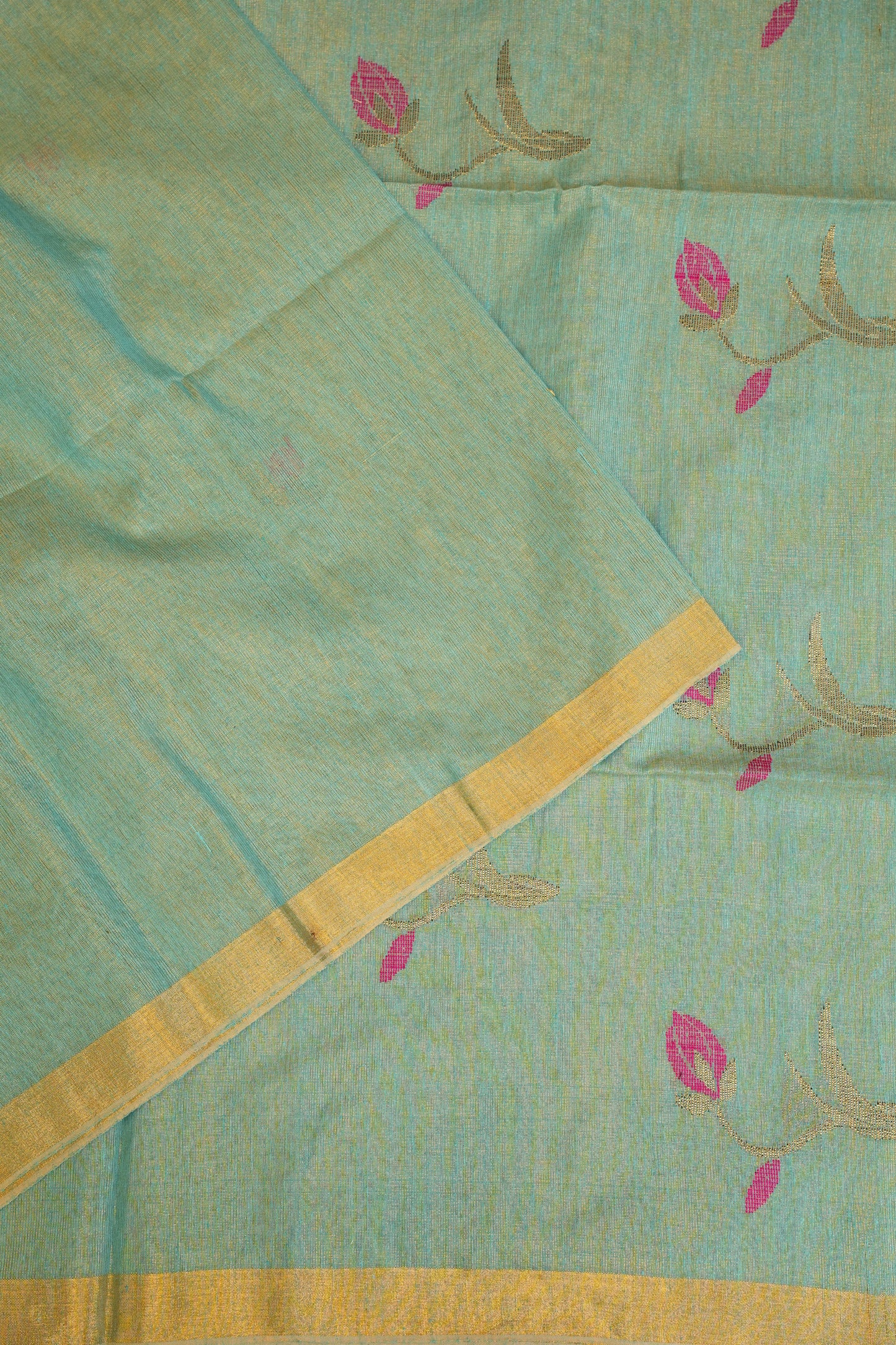 Tissue Linen Saree with Tassles - Aqua Green