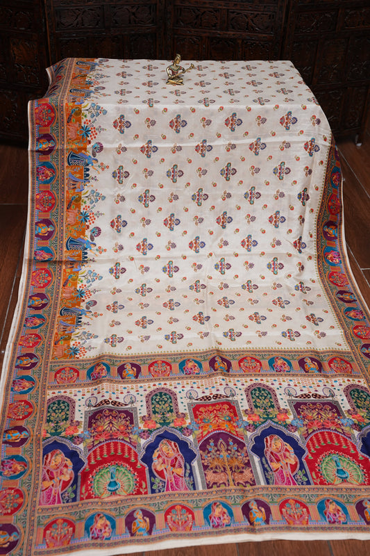 Kashmiri Pashmina Banarasi Story Telling Saree - Ivory