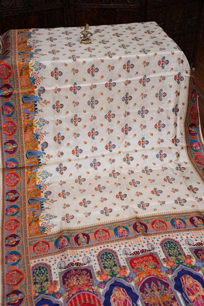 Kashmiri Pashmina Banarasi Story Telling Saree - Ivory