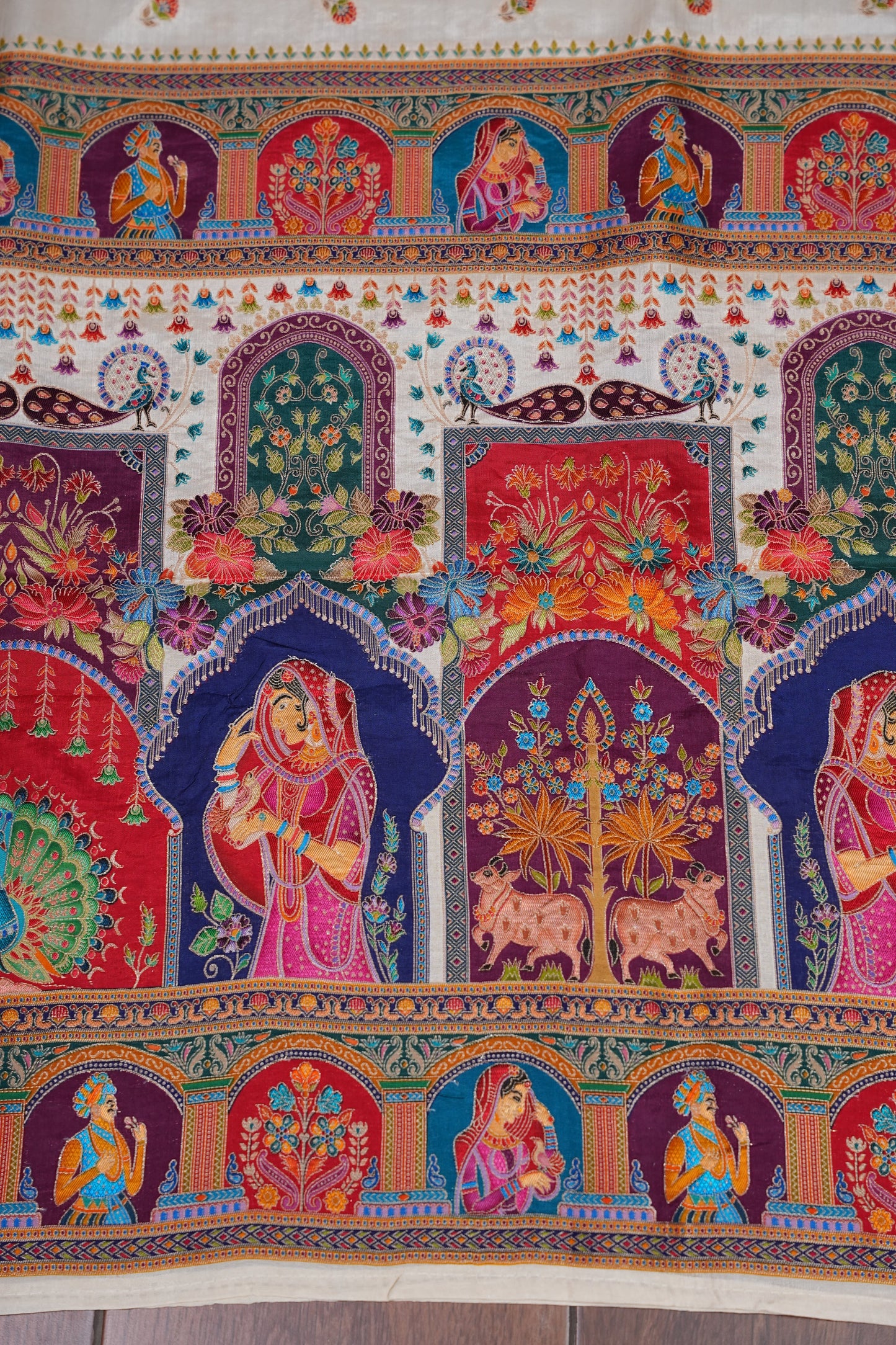 Kashmiri Pashmina Banarasi Story Telling Saree - Ivory