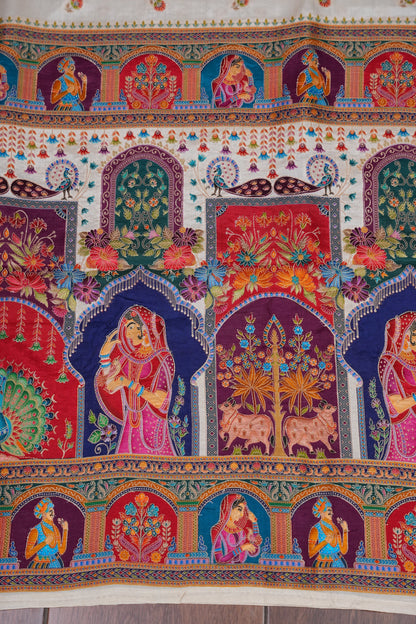 Kashmiri Pashmina Banarasi Story Telling Saree - Ivory