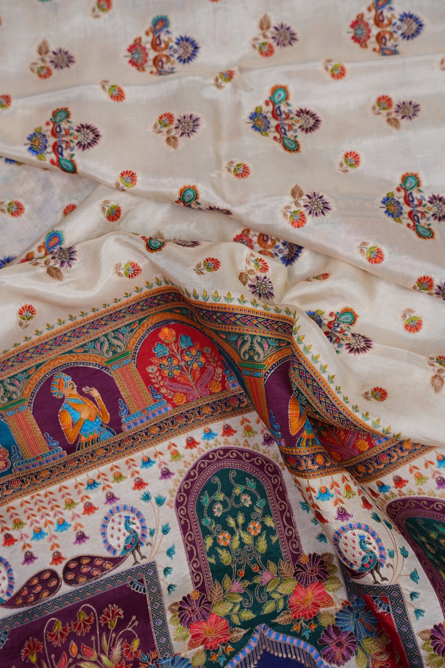 Kashmiri Pashmina Banarasi Story Telling Saree - Ivory