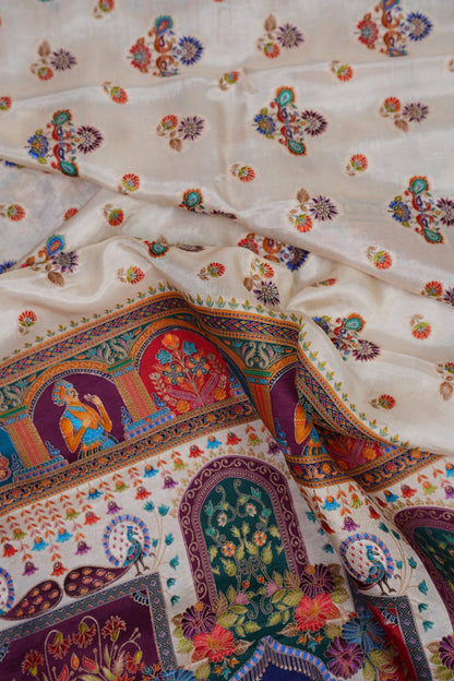Kashmiri Pashmina Banarasi Story Telling Saree - Ivory