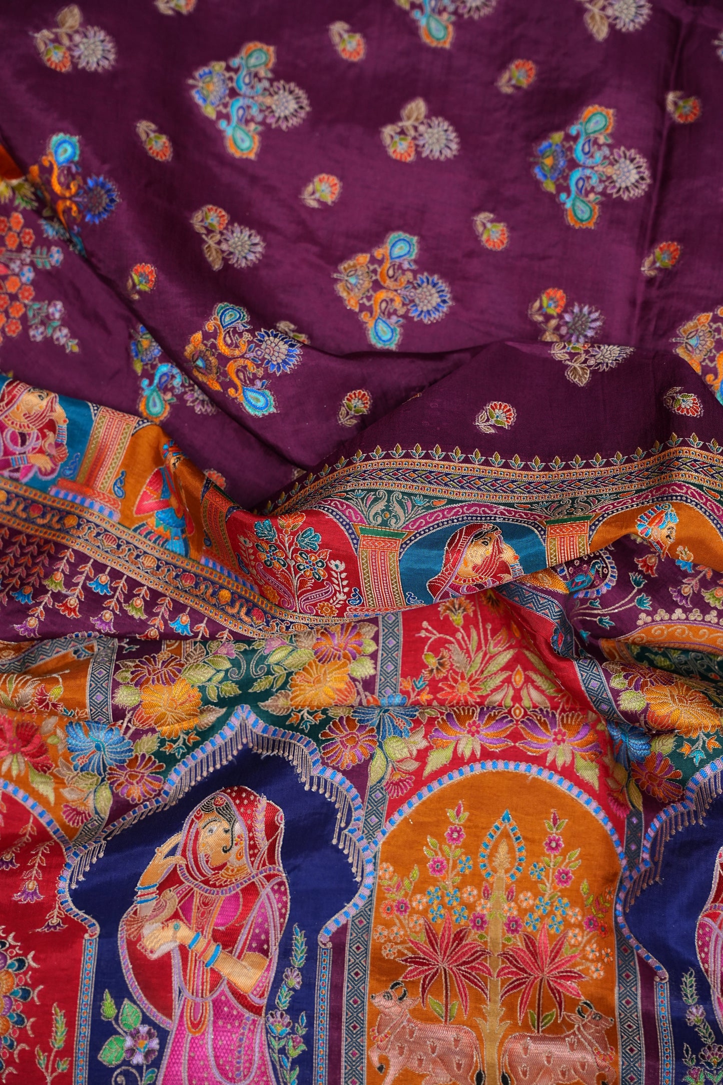 Kashmiri Pashmina Banarasi Story Telling Saree - Wine