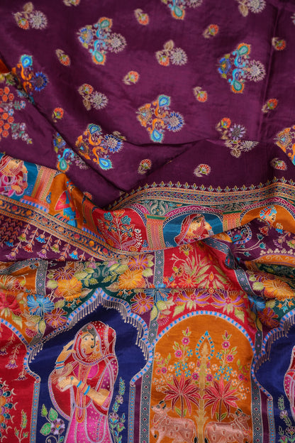 Kashmiri Pashmina Banarasi Story Telling Saree - Wine