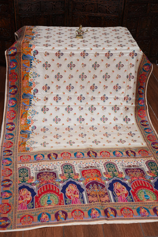 Kashmiri Pashmina Banarasi Story Telling Saree - Ivory Shade