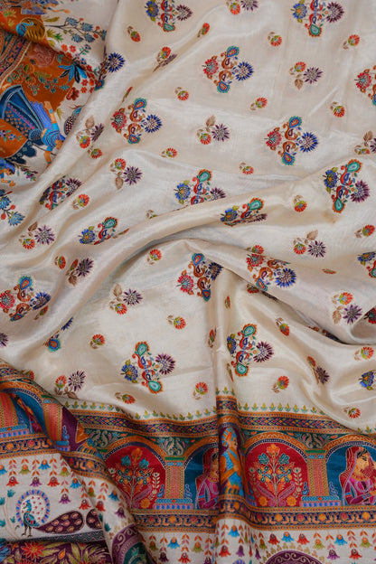 Kashmiri Pashmina Banarasi Story Telling Saree - Ivory Shade