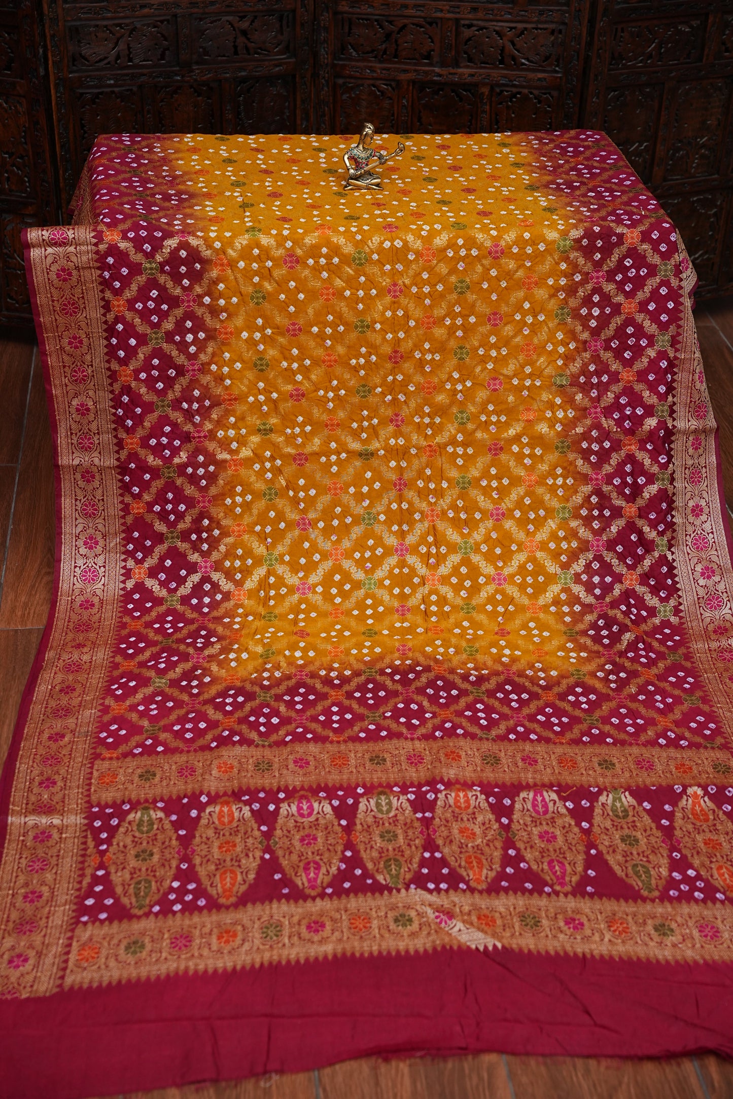 Crushed Munga in Banarasi With Pure Bandhini Saree in Mustard & Maroon