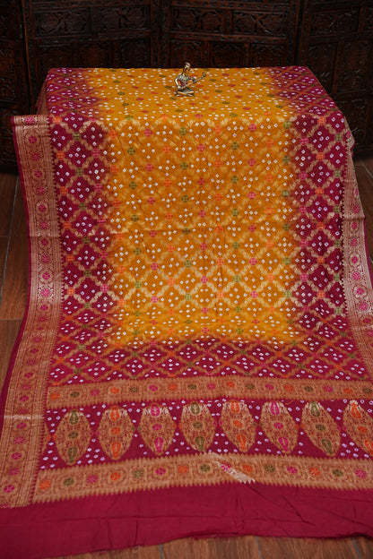 Crushed Munga in Banarasi With Pure Bandhini Saree in Mustard & Maroon