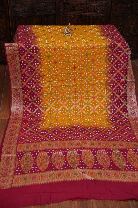 Crushed Munga in Banarasi With Pure Bandhini Saree in Mustard & Maroon