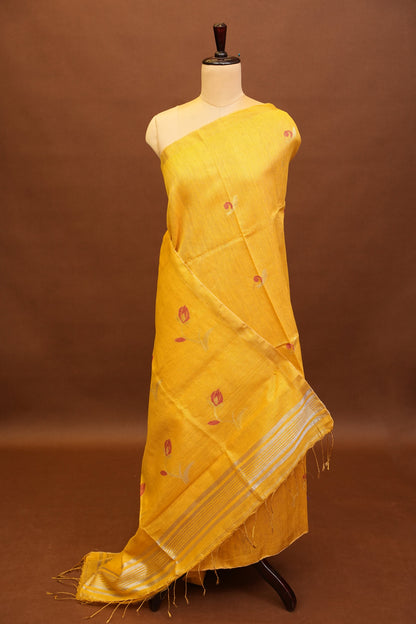 Tissue Linen Saree with Tassles - Yellow