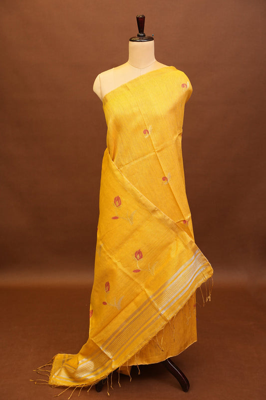 Tissue Linen Saree with Tassles - Yellow