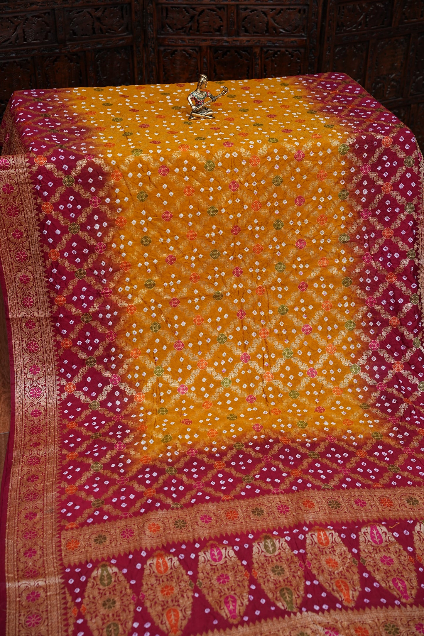 Crushed Munga in Banarasi With Pure Bandhini Saree in Mustard & Maroon