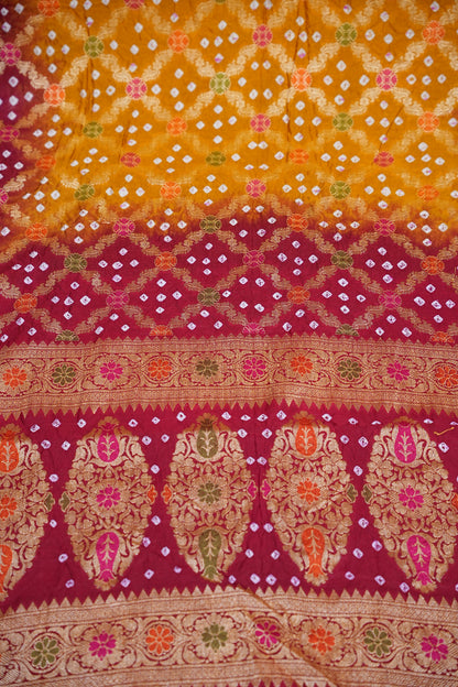 Crushed Munga in Banarasi With Pure Bandhini Saree in Mustard & Maroon