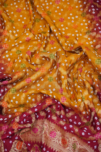 Crushed Munga in Banarasi With Pure Bandhini Saree in Mustard & Maroon