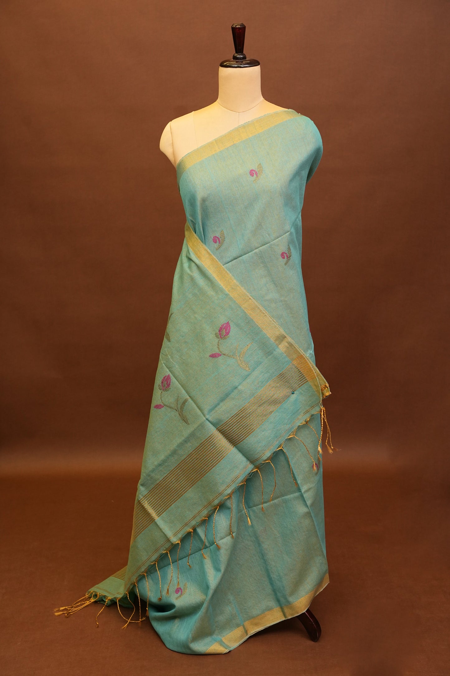 Tissue Linen Saree with Tassles - Aqua Green