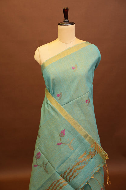 Tissue Linen Saree with Tassles - Aqua Green
