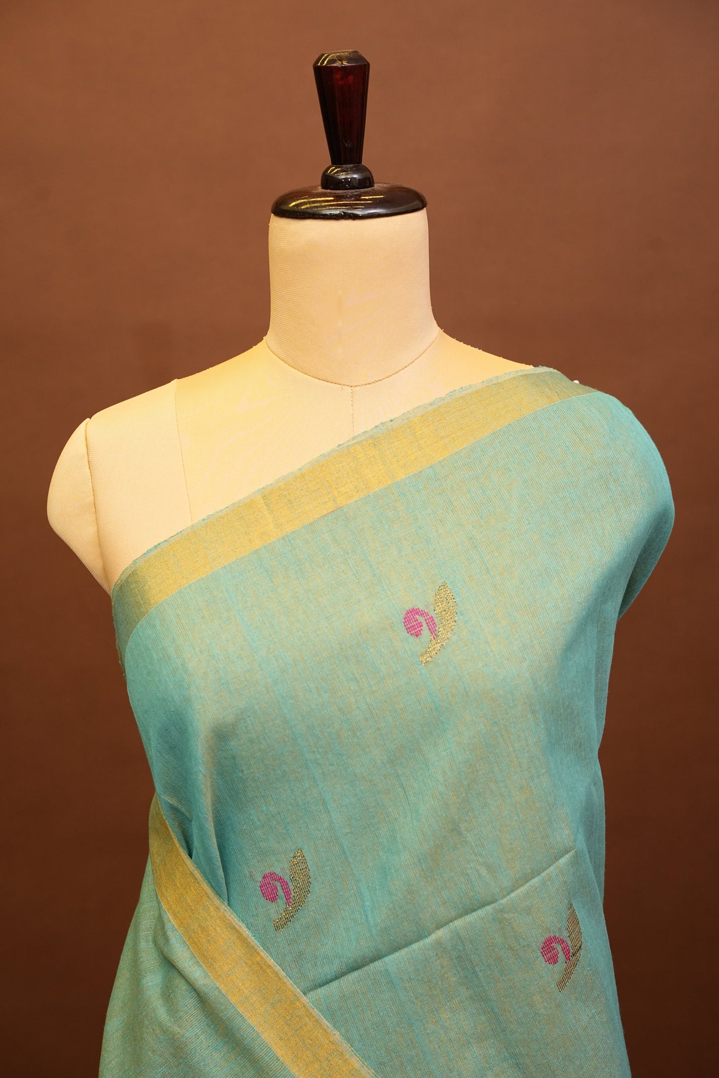 Tissue Linen Saree with Tassles - Aqua Green