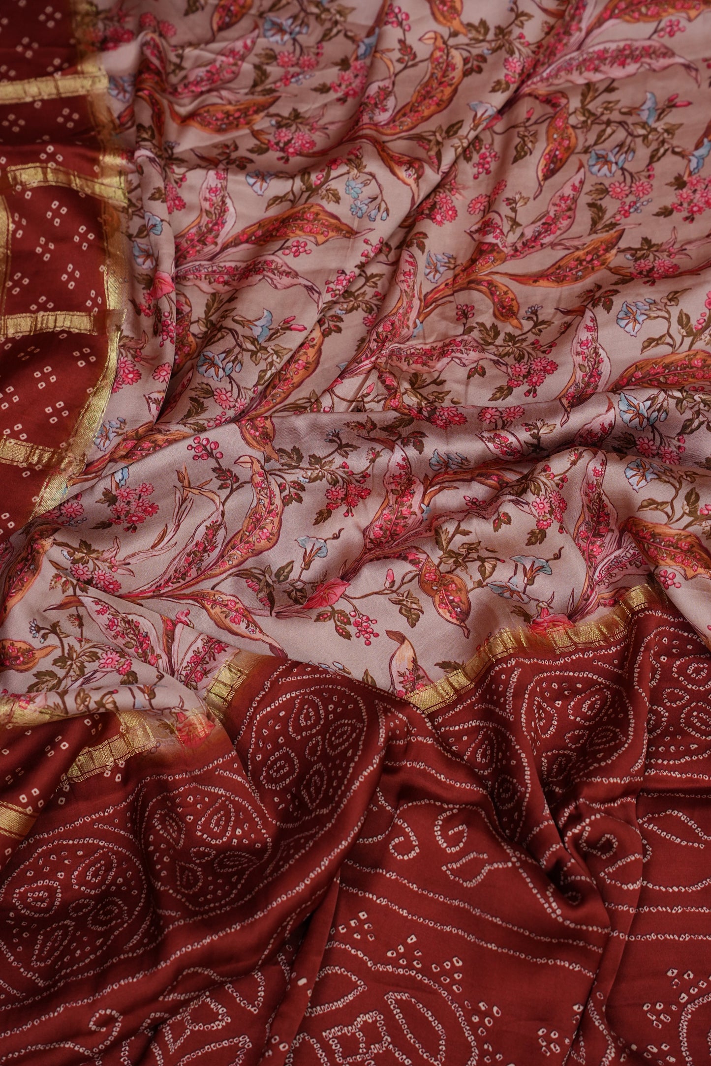 Bandhini Garchola Modal Silk Saree - Peach & Rust