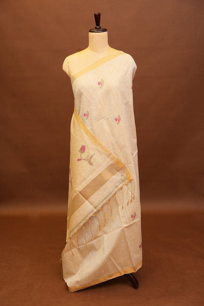 Tissue Linen Saree with Tassles - Beige