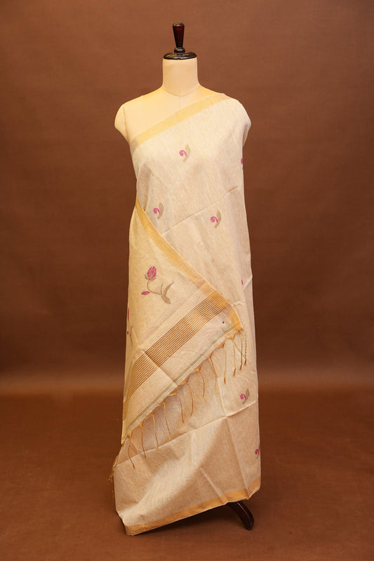 Tissue Linen Saree with Tassles - Beige