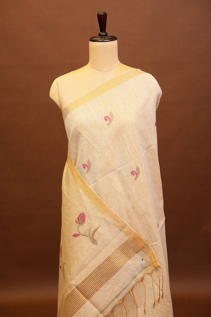 Tissue Linen Saree with Tassles - Beige