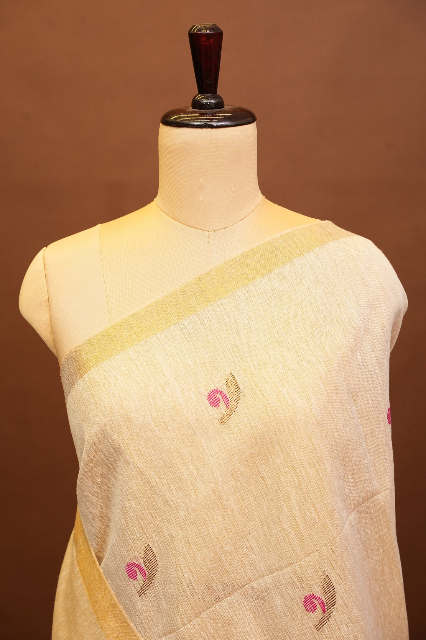Tissue Linen Saree with Tassles - Beige