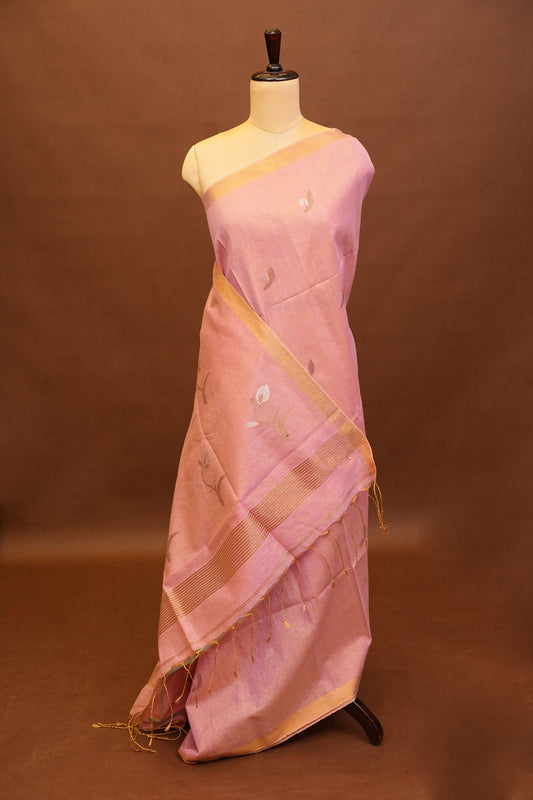 Tissue Linen Saree with Tassles - Blush Pink