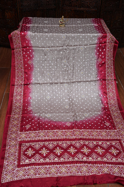 Pure Gajji Silk Bandhini Saree - Light Brown