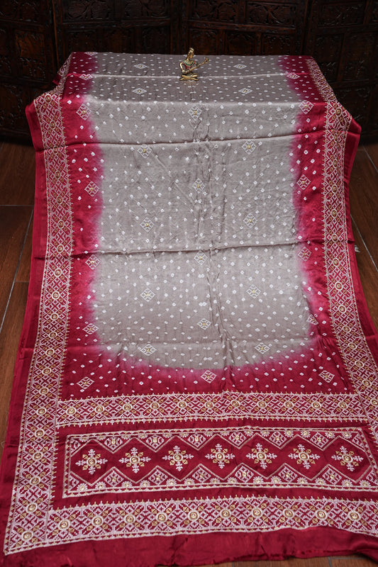 Pure Gajji Silk Bandhini Saree - Light Brown