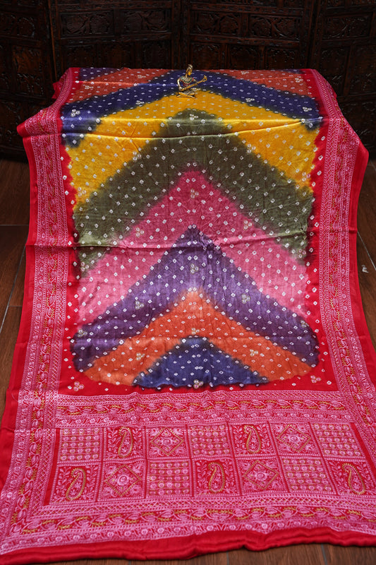 Pure Gajji Silk Bandhini Saree - Multicolor
