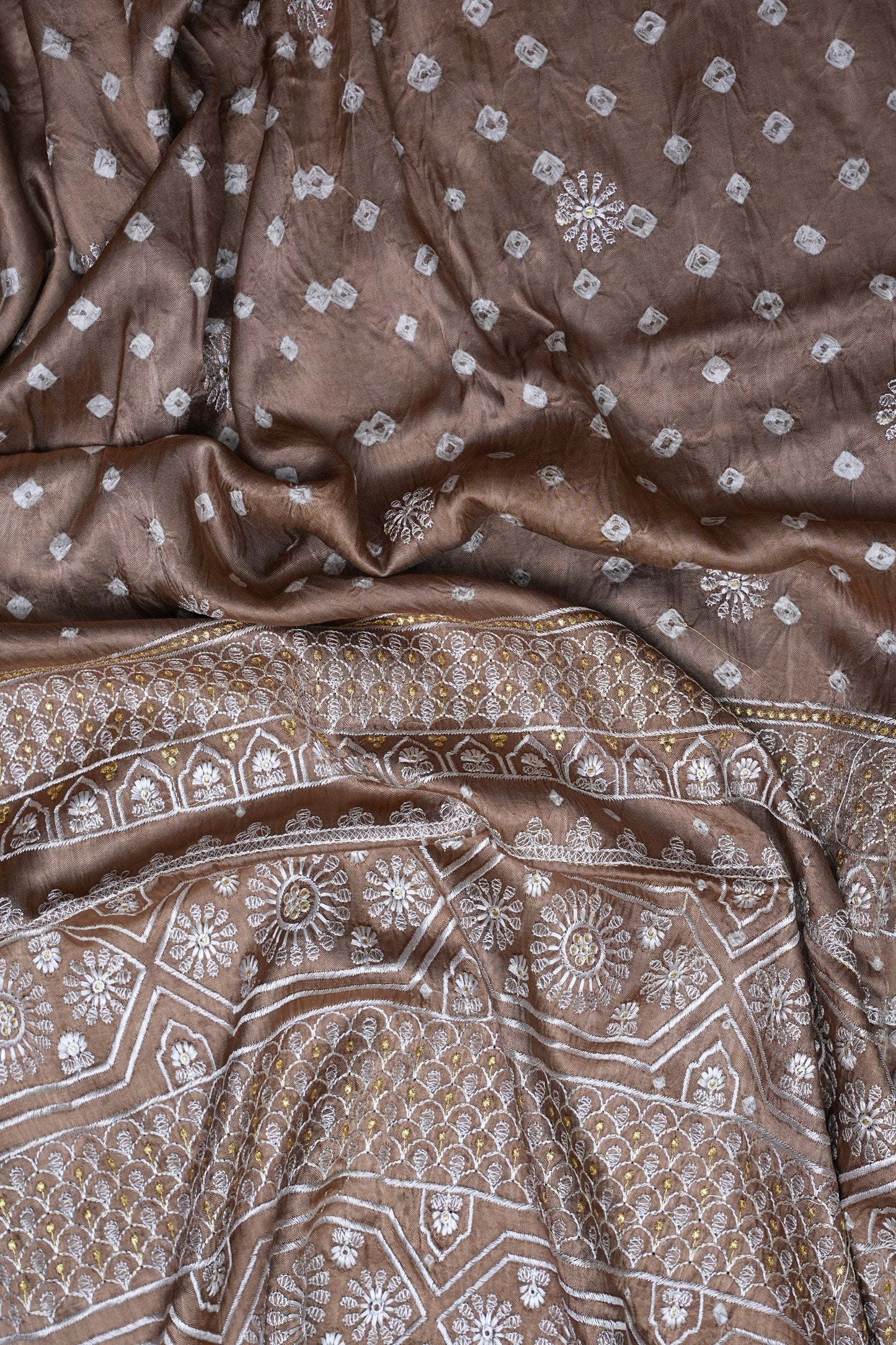 Pure Gajji Silk Bandhini Saree - Light Brown