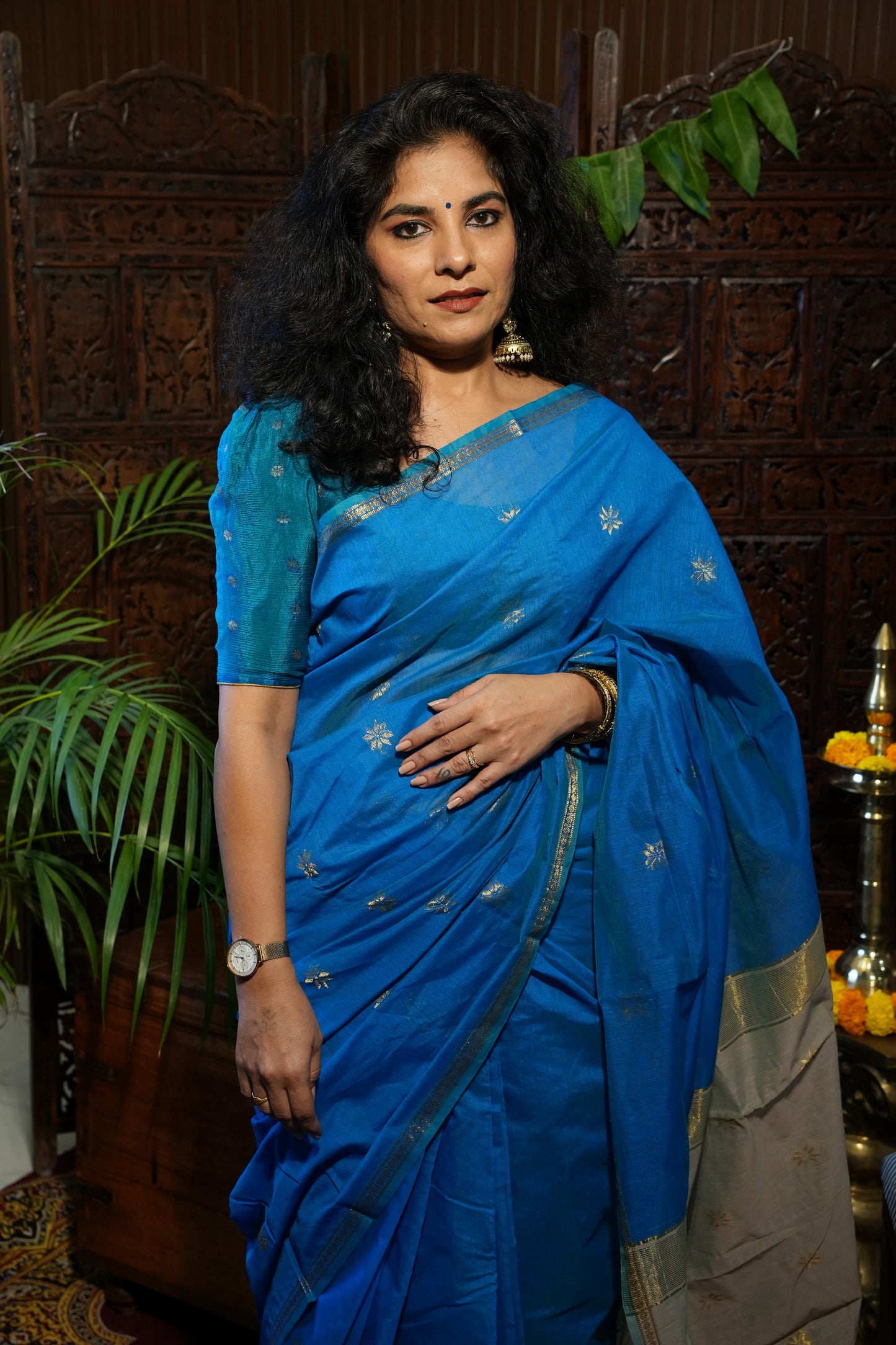 Maheshwari Silk Cotton Saree - Blue