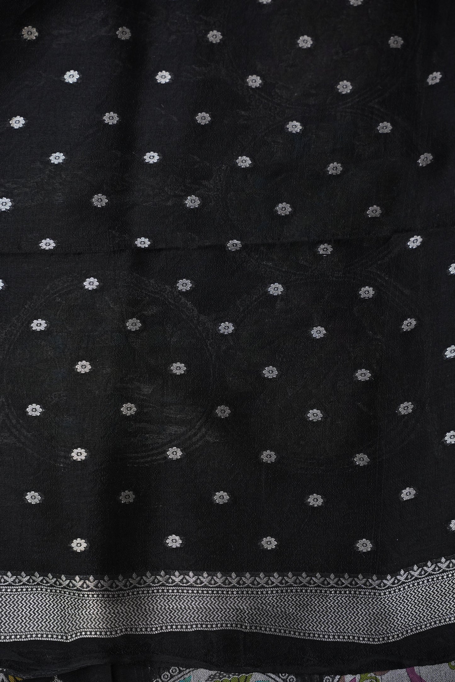 Tussar Banarasi Raw Silk Saree with Multicolour Floral Paithani & Shikargah Border – Black
