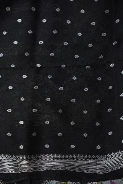 Tussar Banarasi Raw Silk Saree with Multicolour Floral Paithani & Shikargah Border – Black