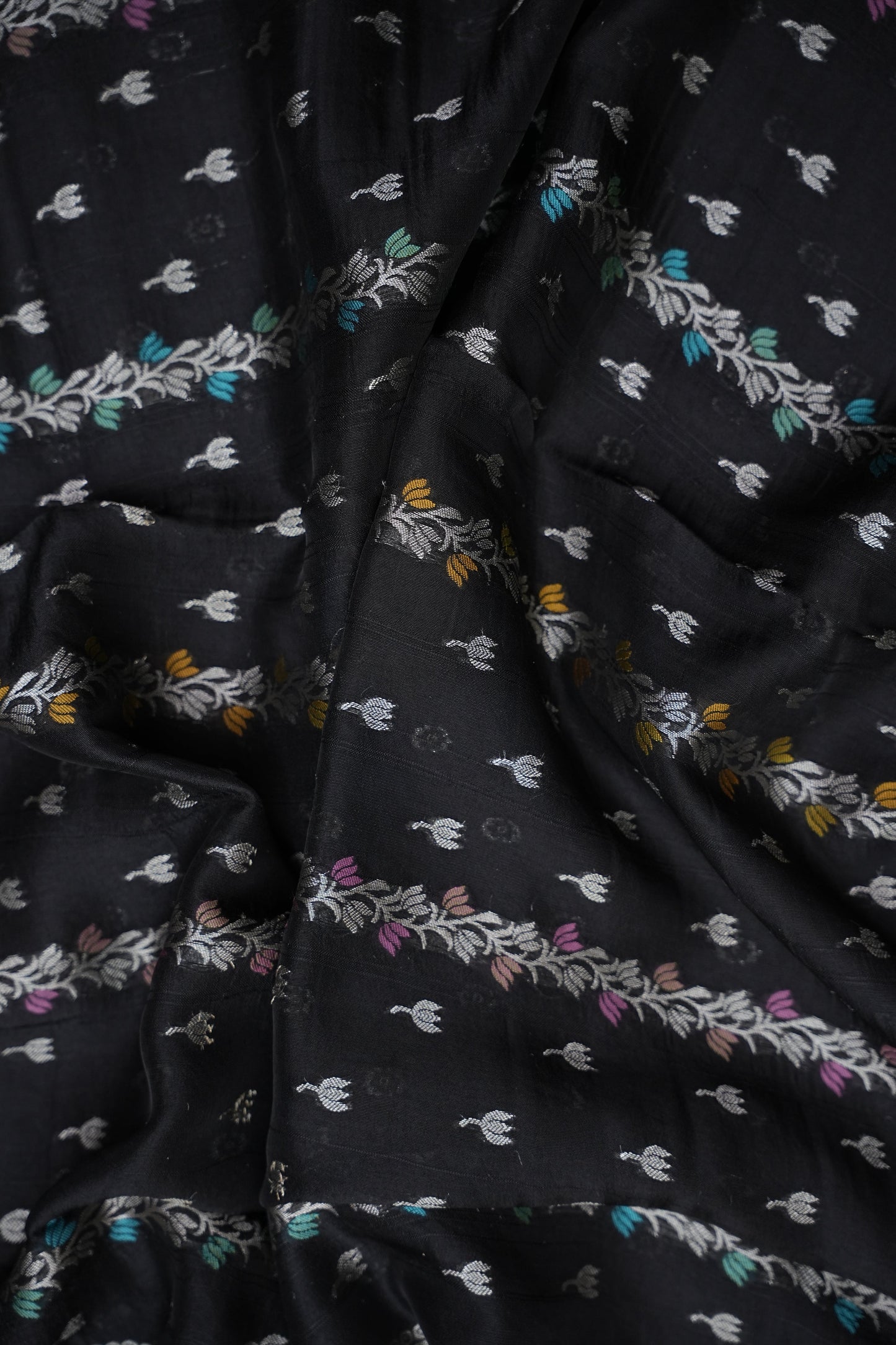Tussar Banarasi Raw Silk Saree with Multicolour Floral Paithani & Shikargah Border – Black