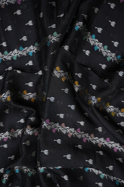 Tussar Banarasi Raw Silk Saree with Multicolour Floral Paithani & Shikargah Border – Black