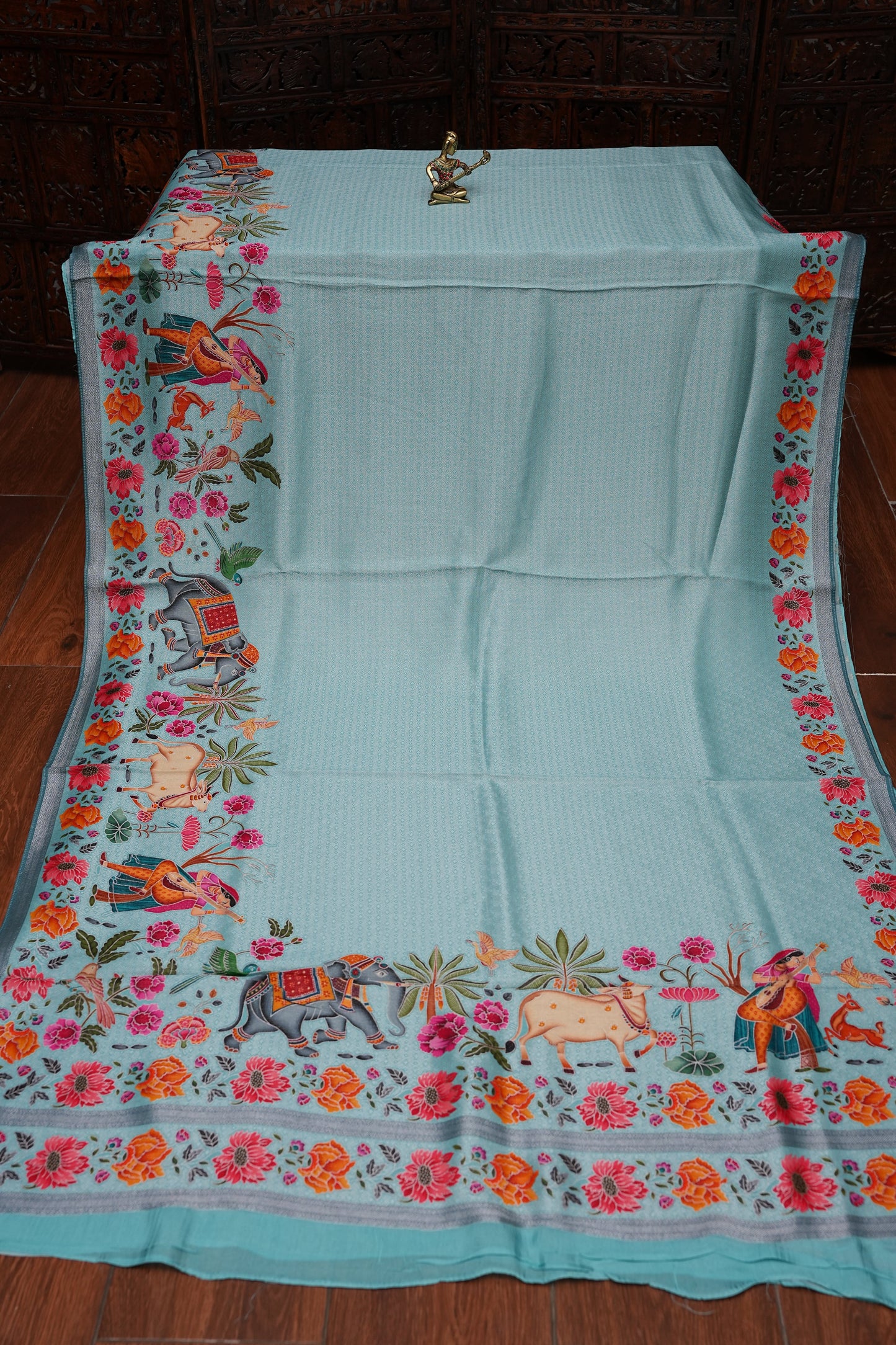 Kashmiri Pashmina Mellow Tissue Banarasi Saree - Aqua Blue