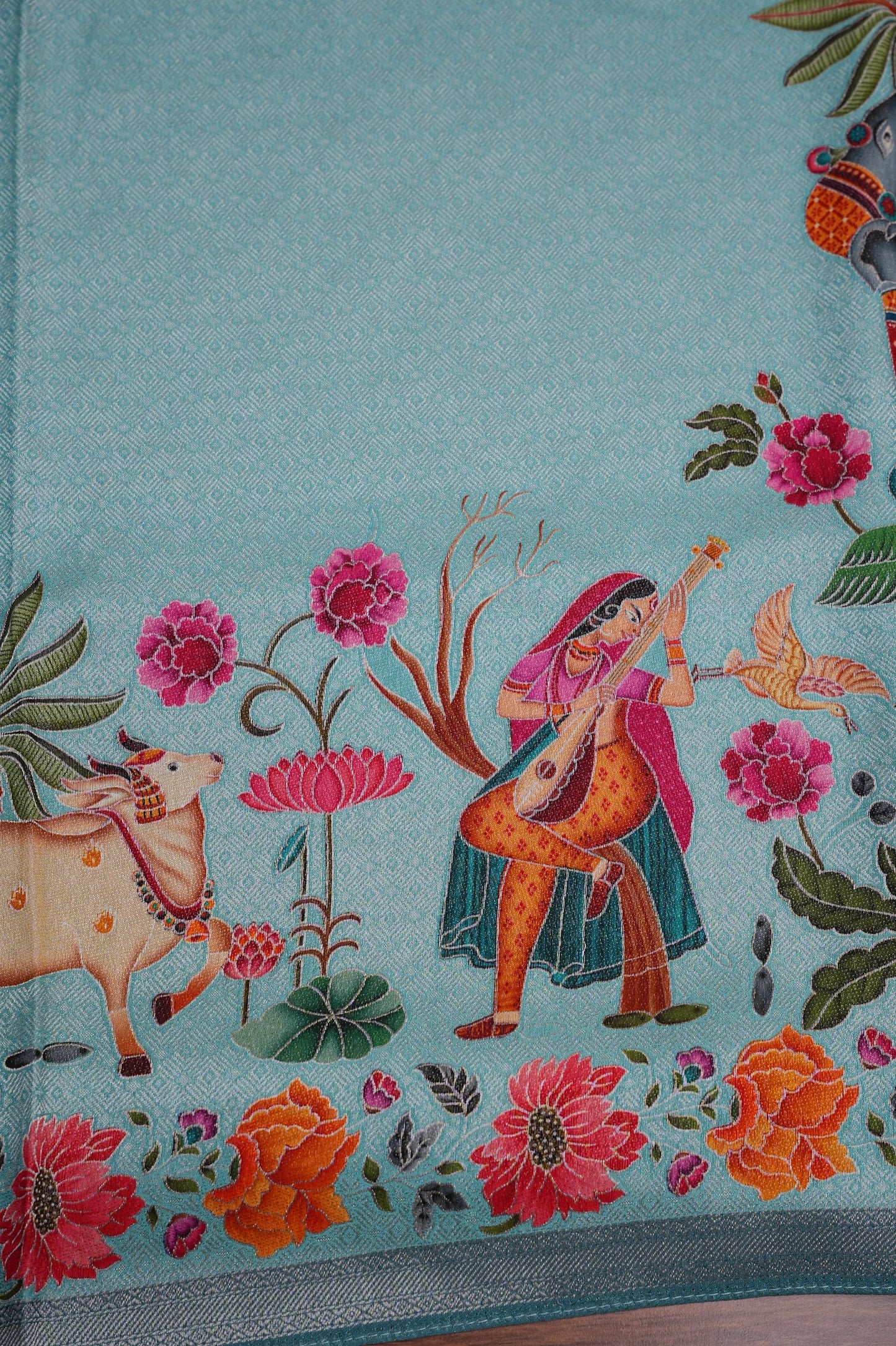Kashmiri Pashmina Mellow Tissue Banarasi Saree - Aqua Blue