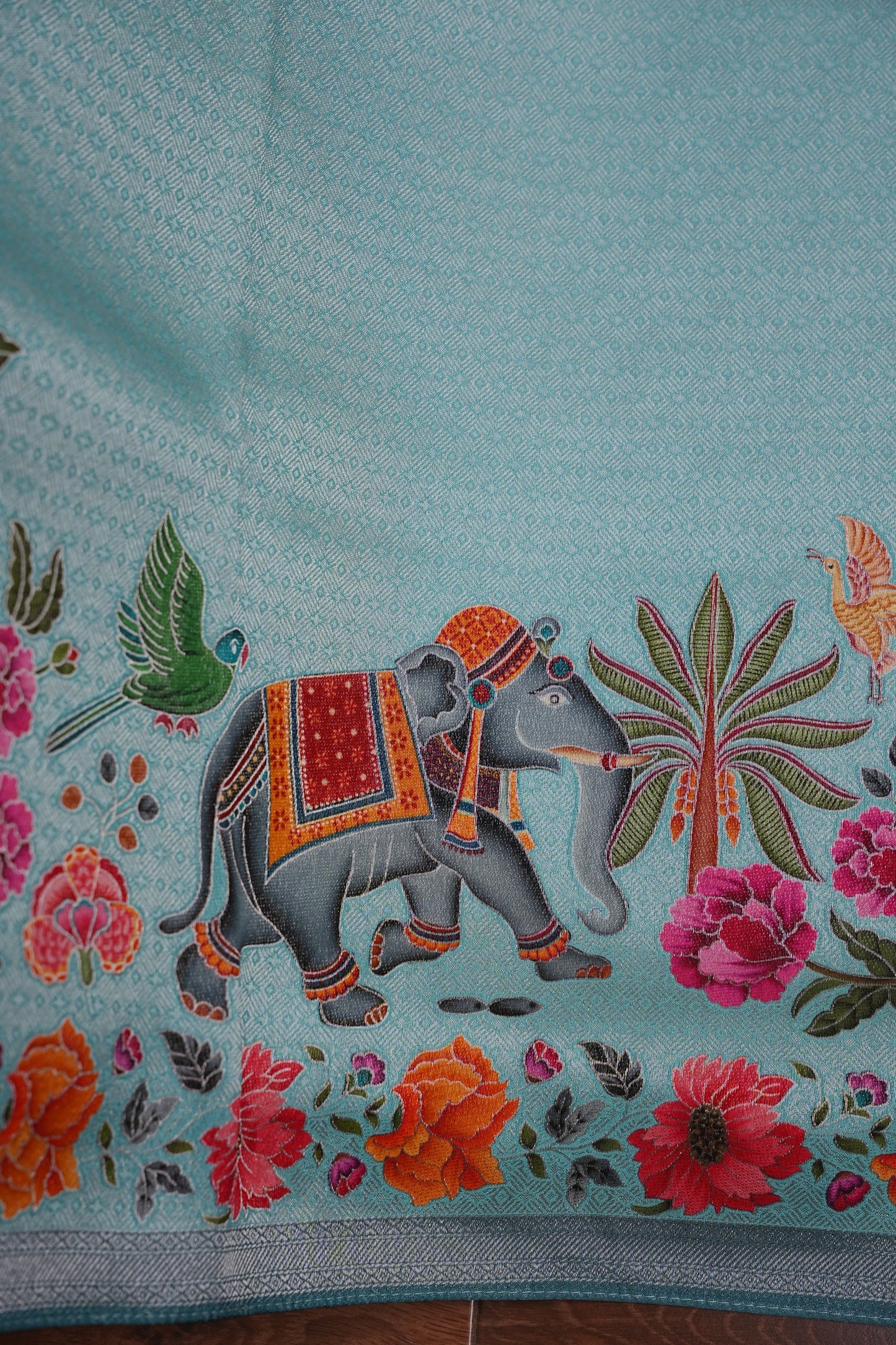 Kashmiri Pashmina Mellow Tissue Banarasi Saree - Aqua Blue