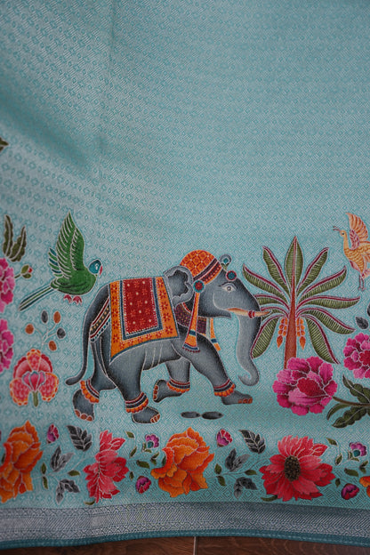 Kashmiri Pashmina Mellow Tissue Banarasi Saree - Aqua Blue