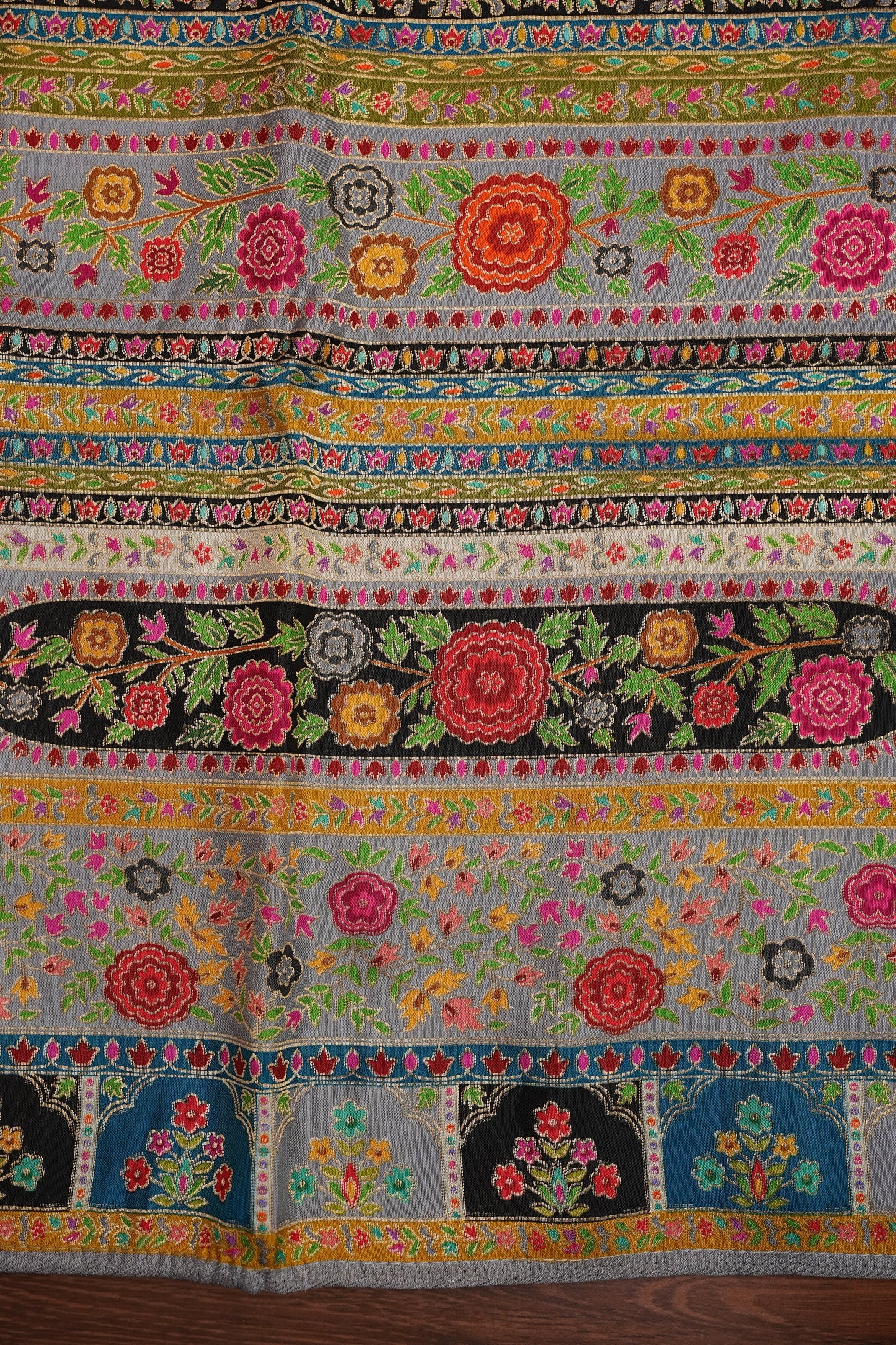 Kashmiri Pashmina Banarasi Story Telling Saree -Multicolor on Grey