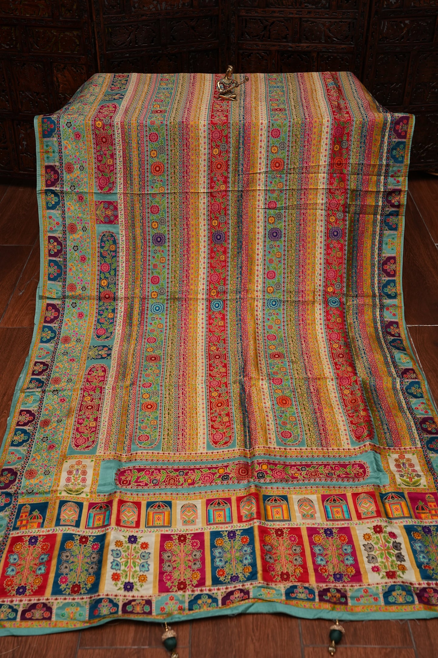 Kashmiri Pashmina Story Telling Banarasi Saree - Multicolor on Sea Green