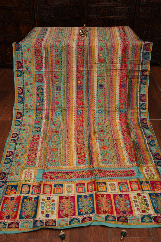 Kashmiri Pashmina Story Telling Banarasi Saree - Multicolor on Sea Green