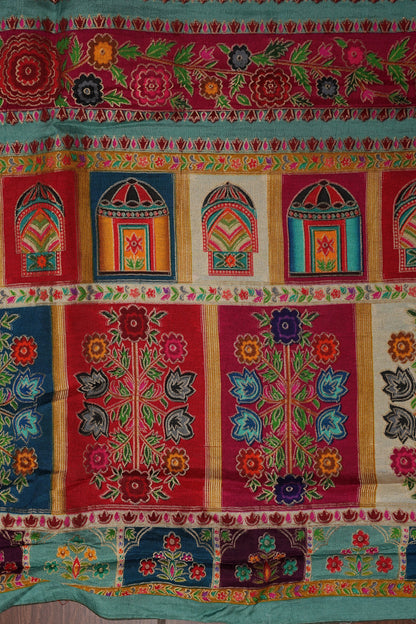 Kashmiri Pashmina Story Telling Banarasi Saree - Multicolor on Sea Green