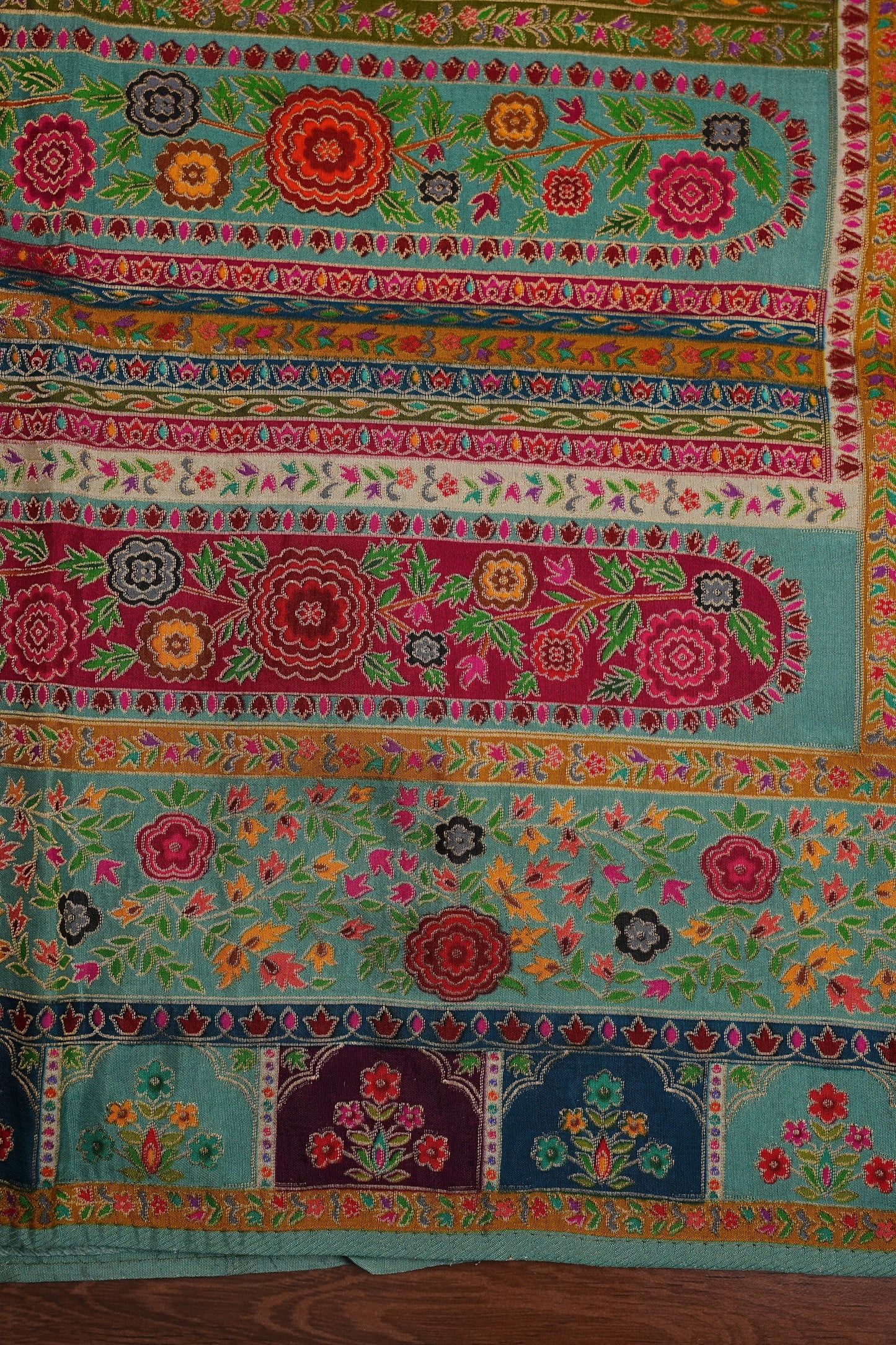 Kashmiri Pashmina Story Telling Banarasi Saree - Multicolor on Sea Green