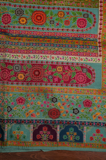 Kashmiri Pashmina Story Telling Banarasi Saree - Multicolor on Sea Green