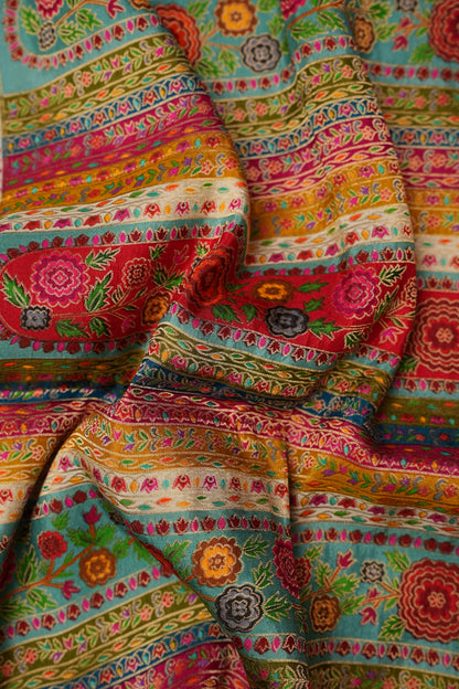 Kashmiri Pashmina Story Telling Banarasi Saree - Multicolor on Sea Green