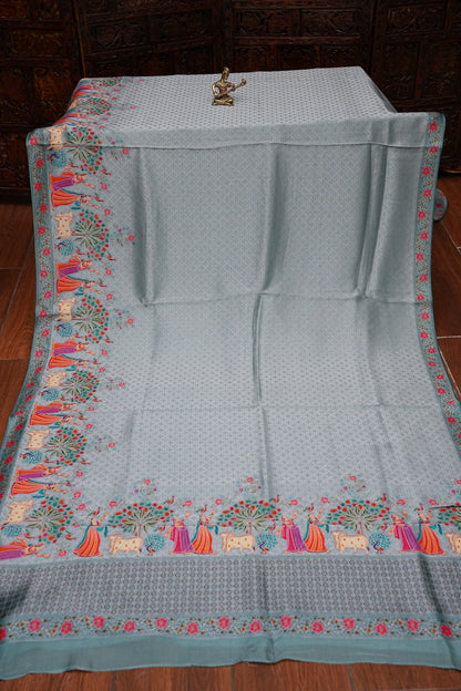 Kashmiri Pashmina Mellow Tissue Banarasi Saree - Aqua Blue
